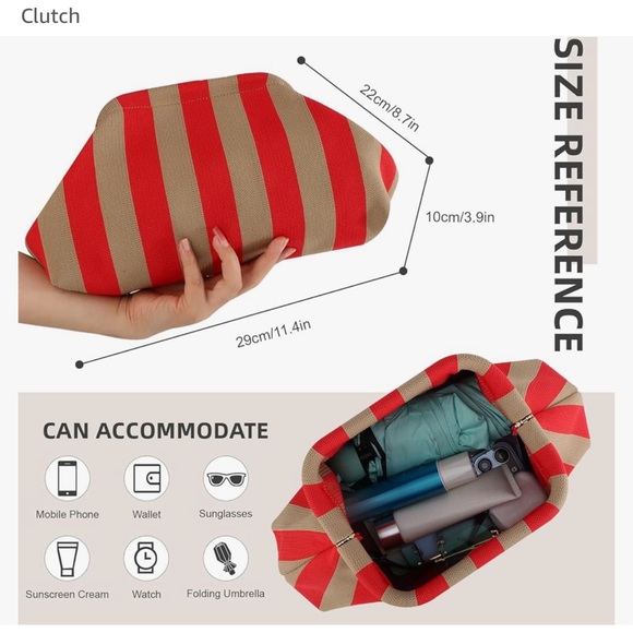 Red Tan Striped Color Block Clutch Pouch Summer Bag - Picture 2 of 8